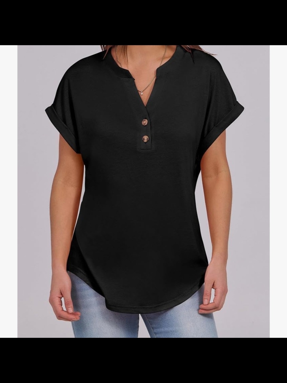 Women's Black Short Sleeve Henley Tee with Button Placket